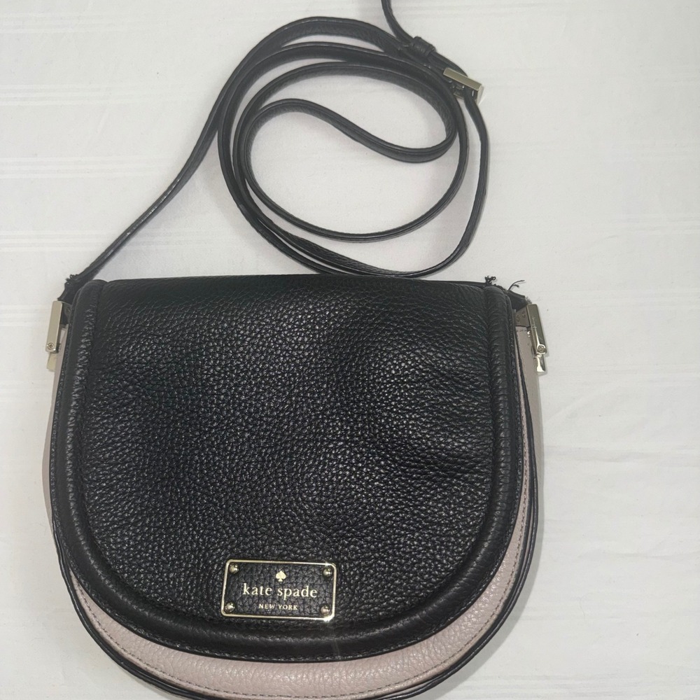 Kate Spade‎ Black Pink Pebbled Leather Colorblock Crossbody Saddle Bag